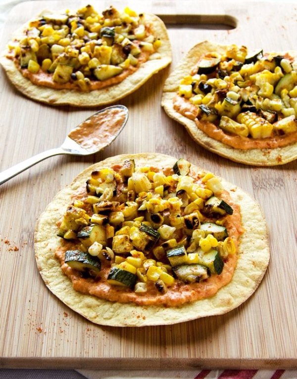 Grilled Zucchini & Corn Tostadas with Spicy Hummus