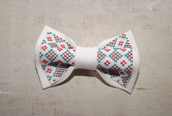 Embroidered White Red Green Pre Tied Bow Tie