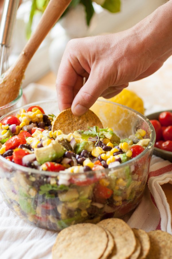 Summer Corn, Avocado and Black Bean Dip with Pita Chips