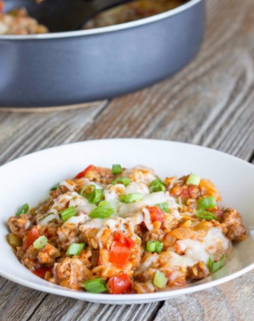 Beef, Rice, Cheese, Peppers Cooked Together