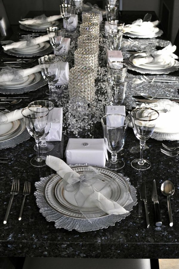 Crystal and Platinum New Year's Eve Table Setting