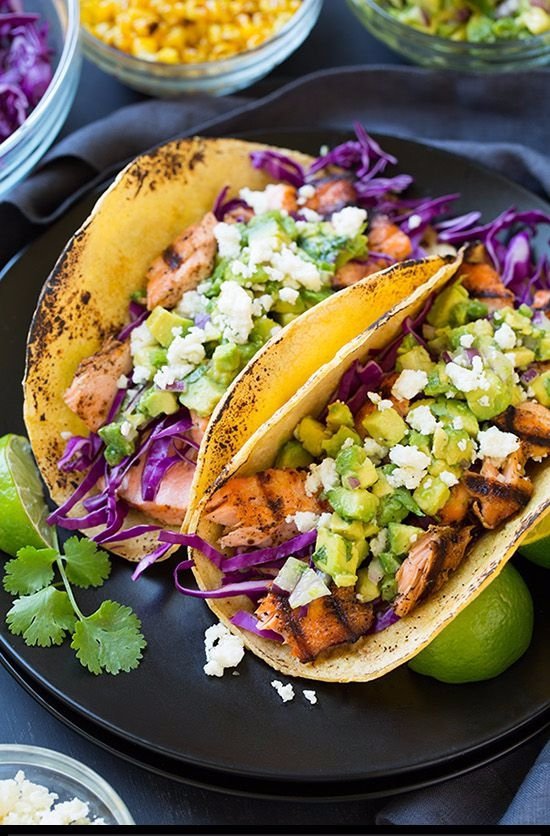 Grilled Salmon Tacos with Avocado Salsa