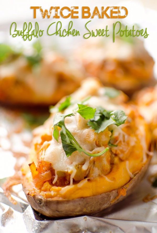 Twice Baked Buffalo Chicken Sweet Potatoes