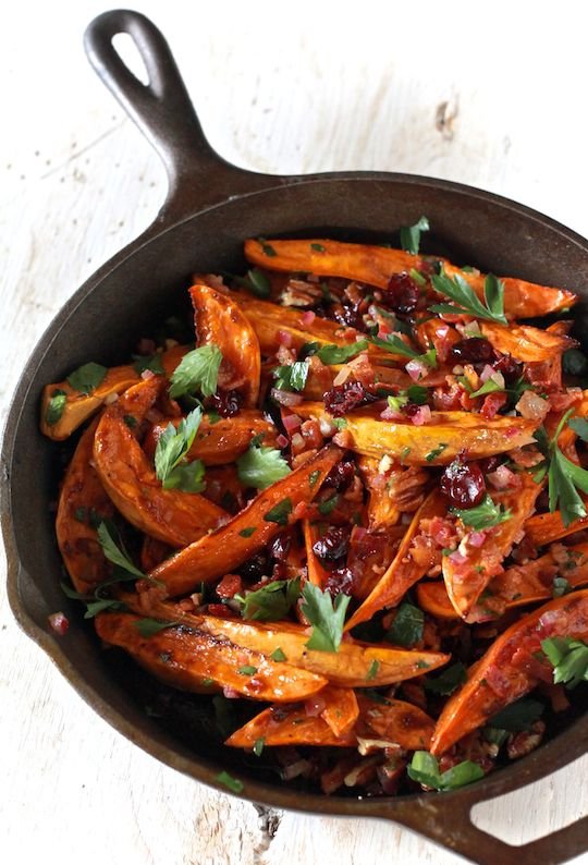 Roasted Sweet Potato Salad with Warm Bacon Apple Cider Dressing