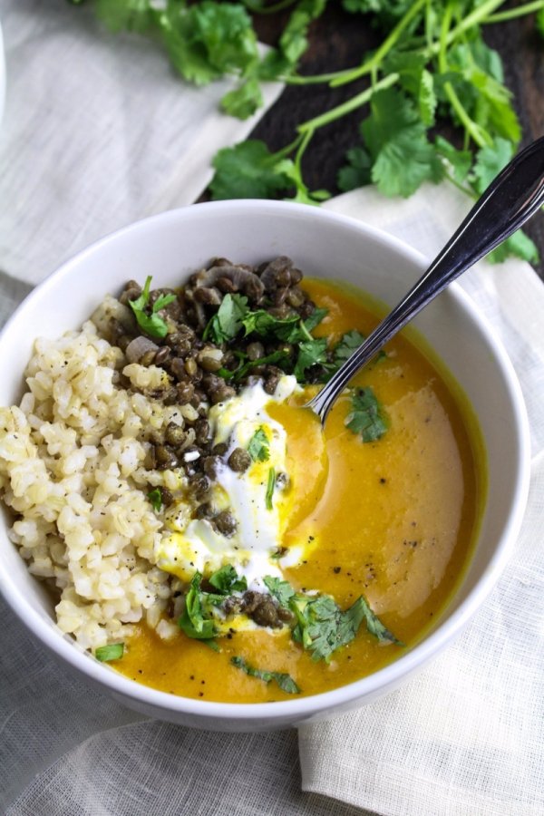 Sweet Potato and Coconut Milk Soup with Brown Rice and Lentils