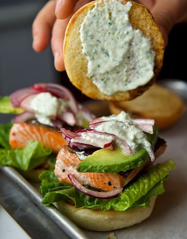 Yes You Can Enjoy Sliders when They're Salmon with Yogurt-cucumber-dill Sauce and Avocado