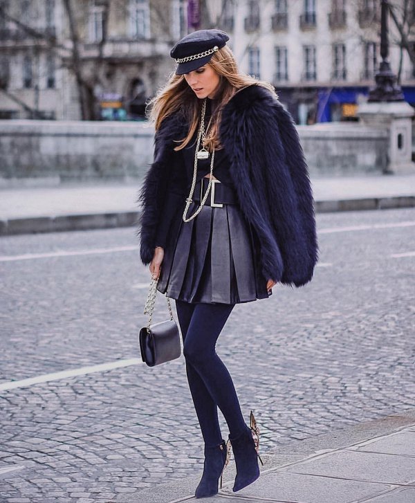 Clothing, Street fashion, Fur, Black, Tights,