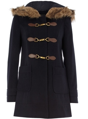 Dorothy Perkins Navy Fur Hood Buckle Duffel Coat