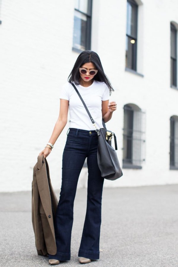 Keep It Simple with Dark Denim Flares and a White Tee