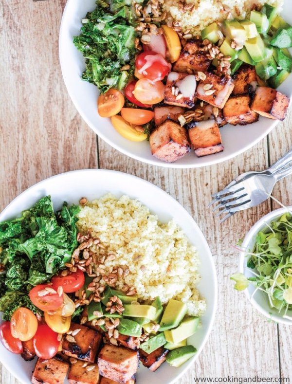 Kale and Couscous Tofu Bowls with Orange Tahini Dressing