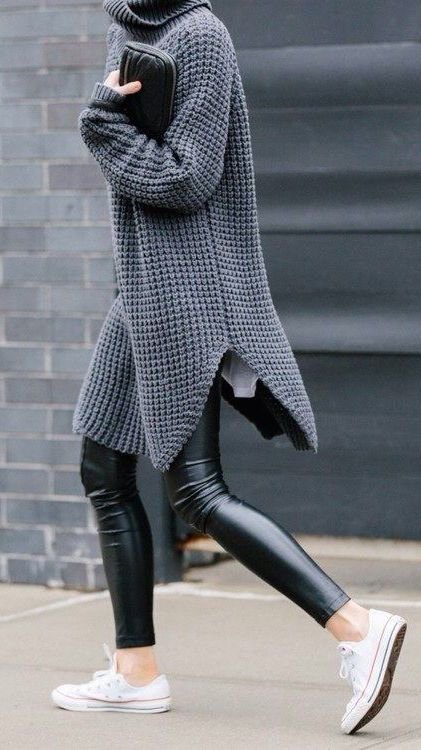 Coated Leggings and an Oversize Knit