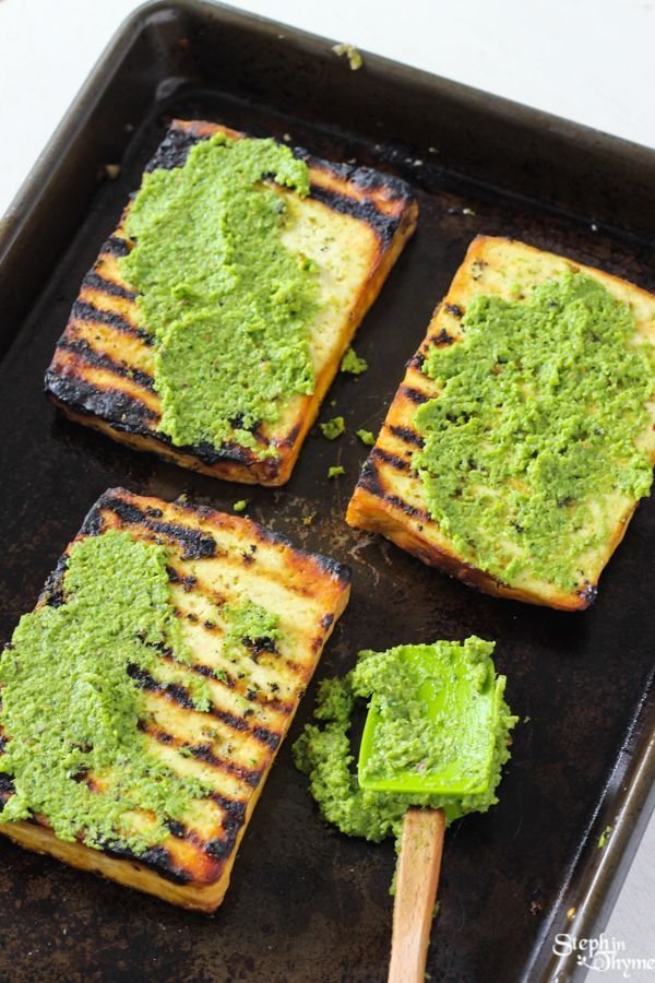 Grilled Tofu Steaks with Pistachio & Garlic Pesto