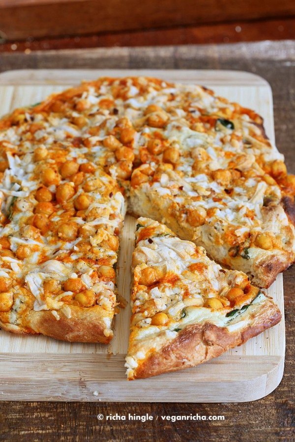 Buffalo Chickpea Pizza with White Garlic Sauce and Celery Ranch Dressing