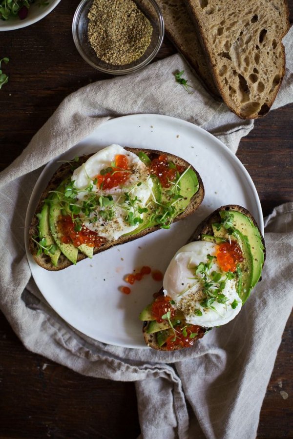 Avocado Toast with Poached Egg, Salmon Roe, and Seaweed Gomashio