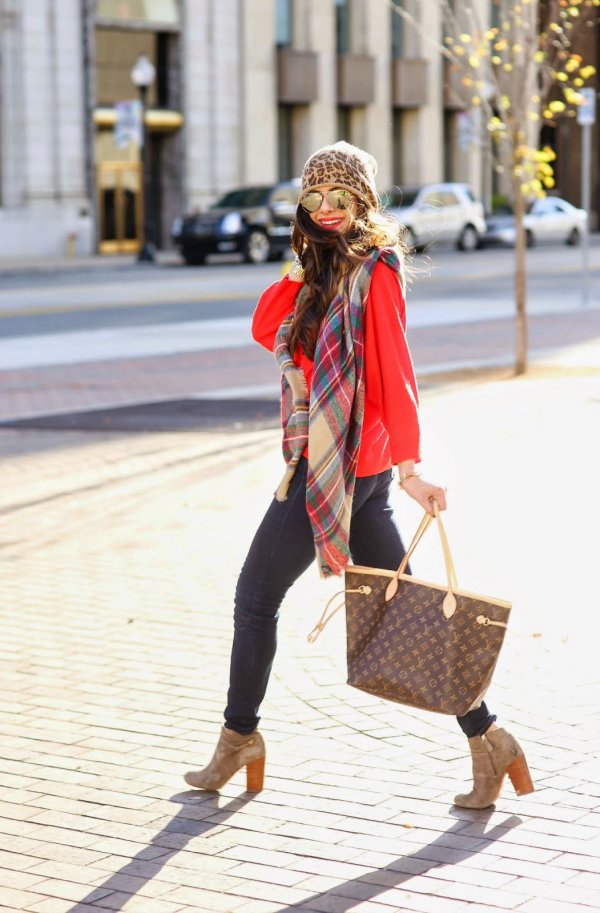 Plaid Shawl with Leopard Beanie