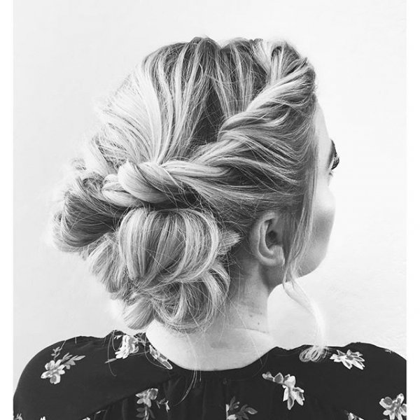 hair, hairstyle, black and white, long hair, chignon,