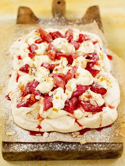 Jamie Oliver's Tray-baked Meringue with Rhubarb, Cream & Toasted Almonds