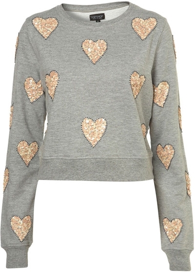 Topshop Grey Marl Sequin Heart Embellished Sweat Shirt