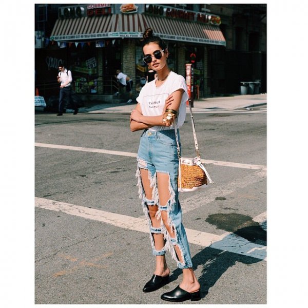 Wear Distressed Jeans with a White Tee and a Sock Bun