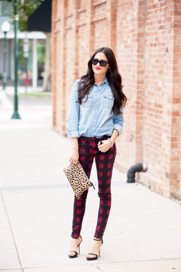 Plaid Pants with Leopard Clutch