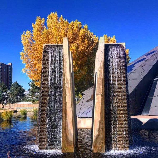 fountain, water feature, water, building, tree,