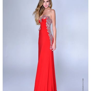 Nina Canacci 2014 Prom Dresses - Red Satin & Silver Filigree Strapless Gown