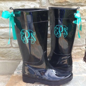 Monogrammed Black Gloss Rain Boots with Turquoise Bow