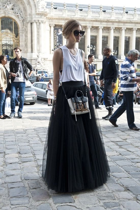 tulle skirt. denim jacket with chaing. street chic. style.