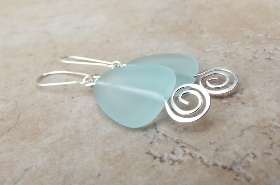 Geometric Earrings: Aqua Sea Glass & Hammered Silver Swirl Beach Jewelry