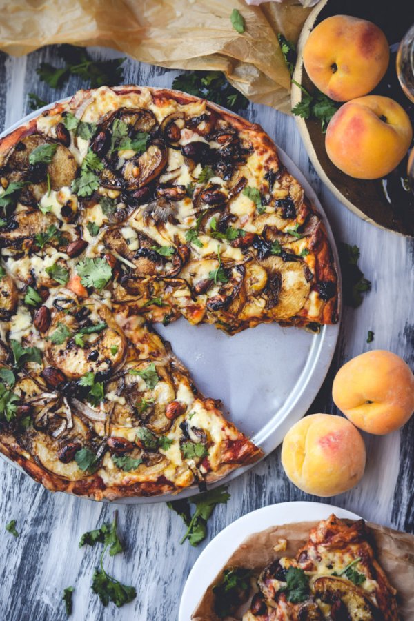 Balsamic Roasted Peach, Almond, & Cilantro Pizza