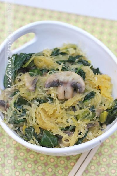 Spaghetti Squash with Sauteed Spinach, Mushrooms, Garlic and Leeks