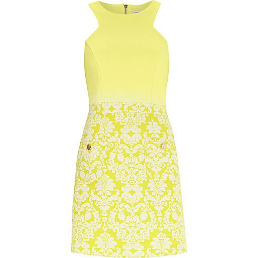 YELLOW FLORAL JACQUARD a-LINE DRESS