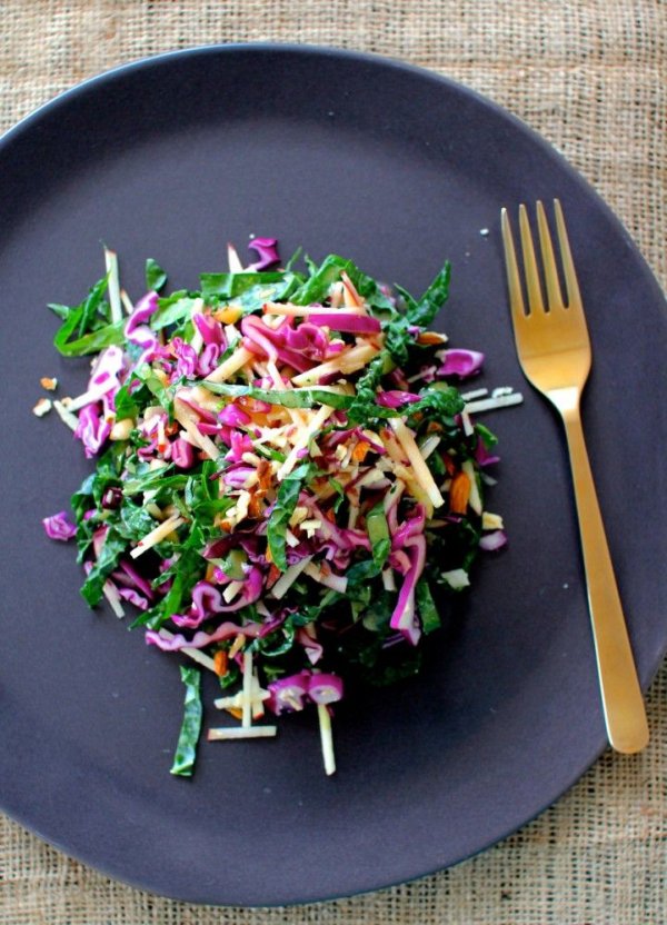 Kale and Red Cabbage Salad with Apple and Chopped Nuts