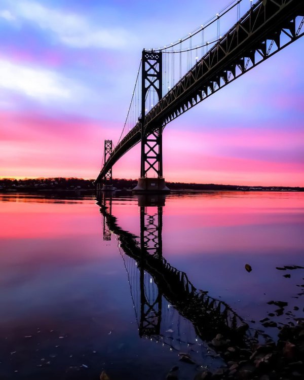 reflection, bridge, dawn, sky, sunset,