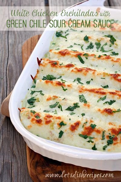 White Chicken Enchiladas with Green Chile Sour Cream Sauce