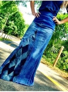 Diamond Patchwork Long Denim Skirt