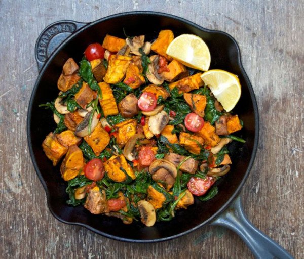 Warm Sweet Potato, Mushroom and Spinach Salad