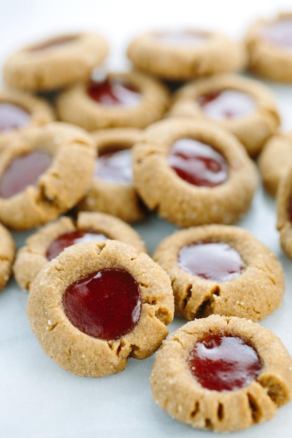 Flourless Peanut Butter and Jelly Thumbprint Cookies