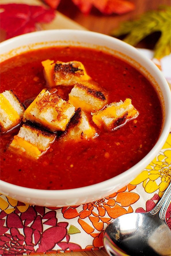 Roasted Tomato Soup with Grilled Cheese Croutons