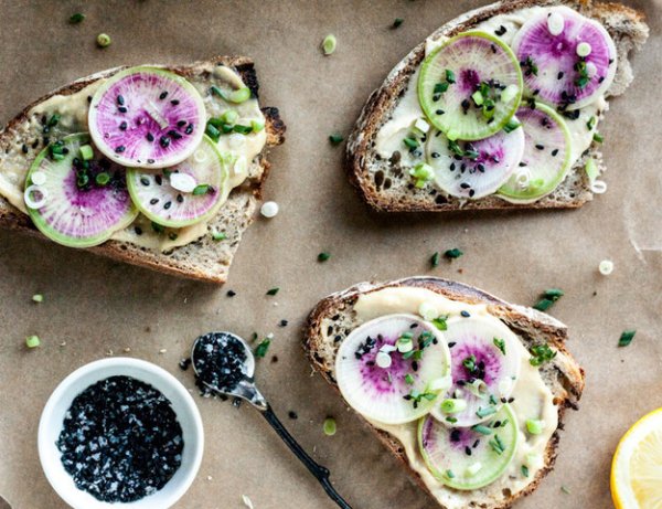 Watermelon Radish Toast with Tahini-Miso Spread