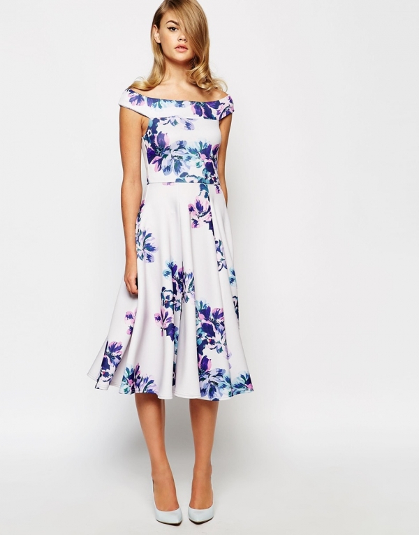 True Violet Bardot Debutant Prom Midi Dress in Floral Print