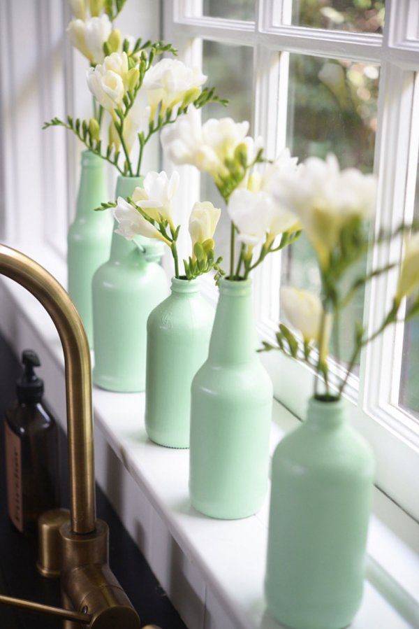 Painted Bottles with White Flowers