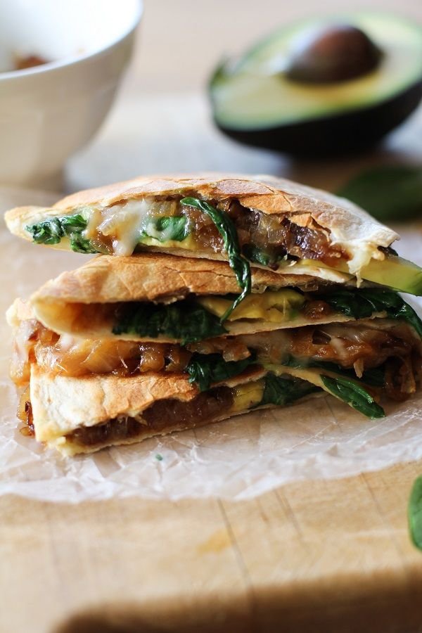 Caramelized Onion, Spinach, and Avocado Quesadilla