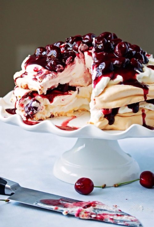 Fresh Cherry and Red Wine Compote Pavlova