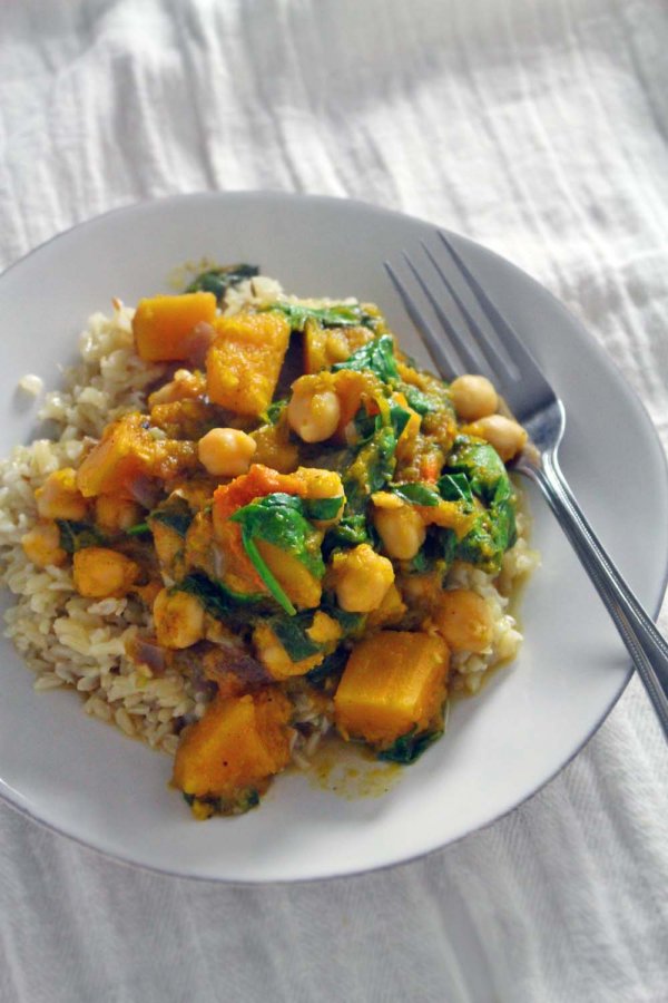 Spicy Moroccan Butternut Squash, Chickpea, and Spinach Stew