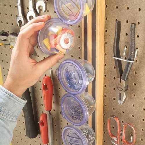 Another Clever Magnetic Strip Idea: Glue Washers to the Bottom of Plastic Containers and Stick Them to a Magnetic Strip