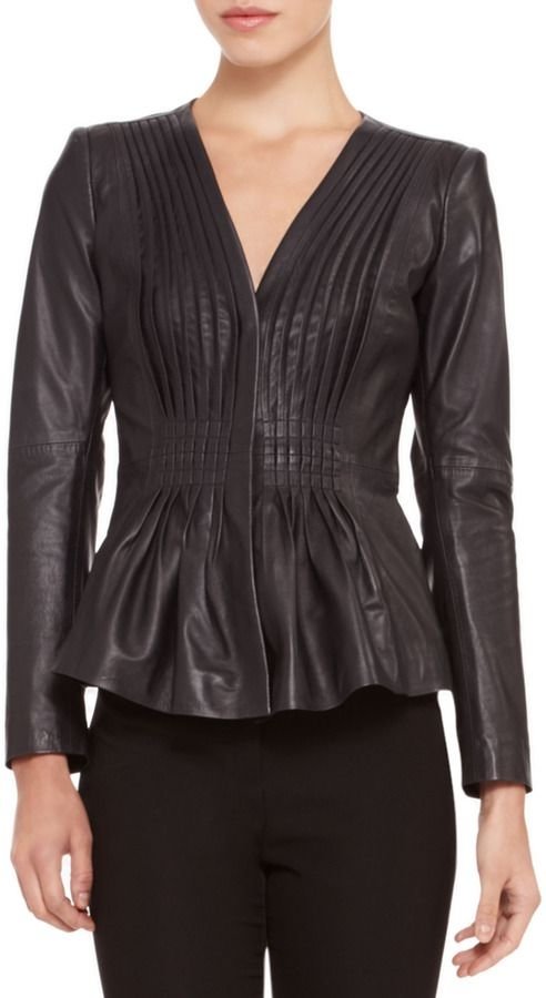 Armani Collezioni Ruched Flare-Hem Leather Jacket