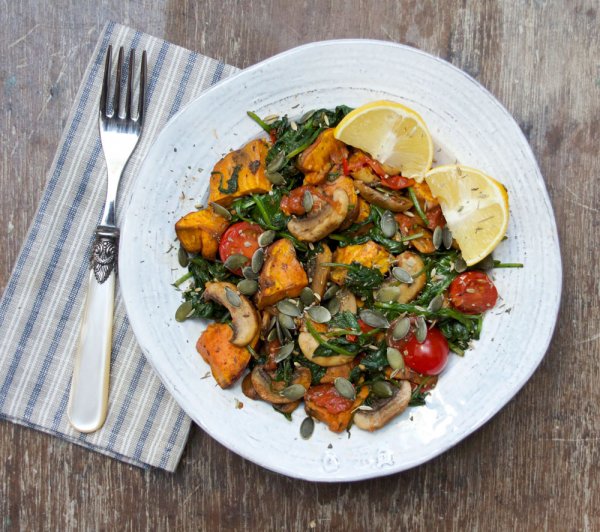 Warm Sweet Potato, Mushroom and Spinach Salad