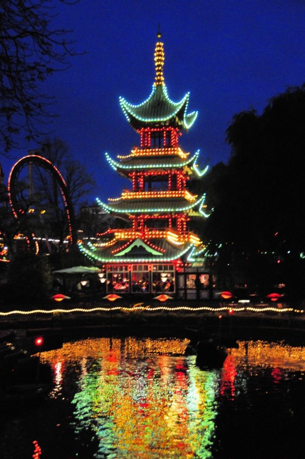 Tivoli Gardens,landmark,night,tower,christmas decoration,