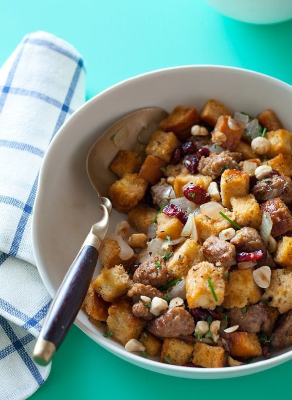 Sausage and Sage Stuffing with Dried Cranberries and Toasted Hazelnuts